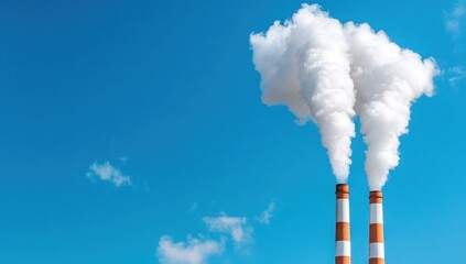 Industrial smoke stacks emitting pollution against a clear blue sky