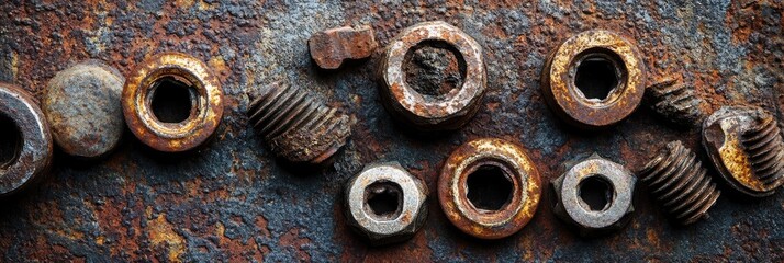 Rusty metal nuts and bolts on weathered surface