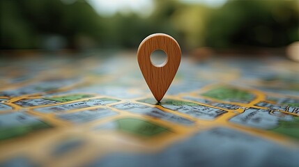 Wooden location marker on a detailed cartographic map