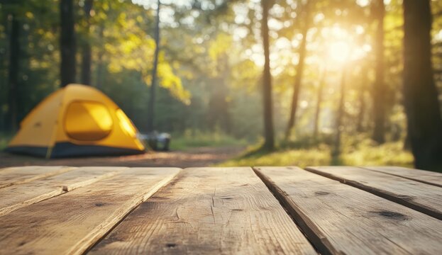 Wooden table in forest with yellow tent under warm sunlight.