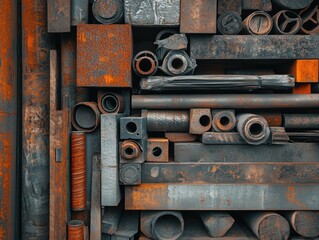 Rusty metal scraps piled high in a workshop