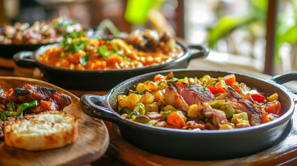 Obraz premium Traditional south style lunch, with meat, vegetables and bread, served in a buffet restaurant.