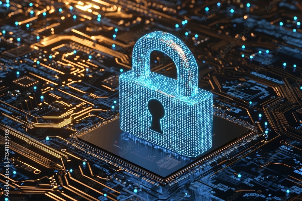 Poster cybersecurity and privacy concepts form the background of a lock shape in a 3d rendered image