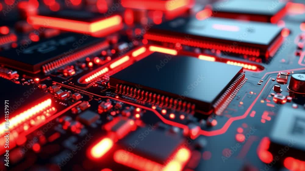 Poster abstract close-up of futuristic circuit board with glowing red elements and intricate details highli