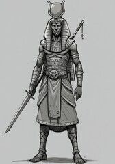 Obraz premium Khonsu the Moon God Full Body Illustration - A grayscale illustration depicting Khonsu, the ancient Egyptian moon god, in full regalia. He holds a sword