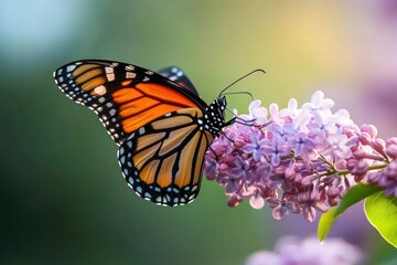 Obraz premium Monarch butterfly on lilac flower, garden, sunset