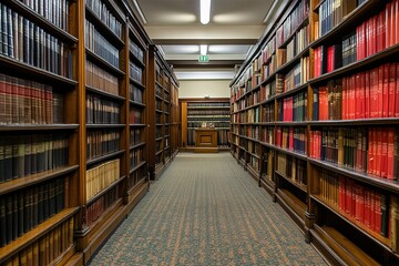 Obraz premium Long corridor in a library, featuring wooden bookshelves brimming with books and a soft carpet underfoot, fosters a tranquil and studious environment perfect for reading and learning