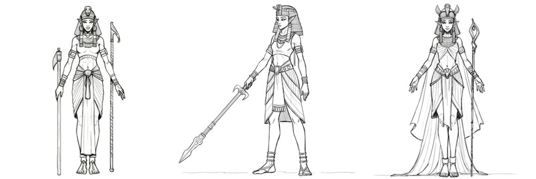 Sketch Tefnut Line Art Goddess Collection - Elegant line art depicting Tefnut, an ancient Egyptian goddess, in three distinct poses. Symbolizing power, motherhood, moisture