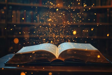 Open antique book resting on a wooden table in a dimly lit library at night, spreading golden magic sparks and enveloping the space in a captivating, enchanting atmosphere