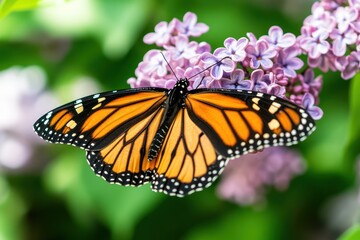 Obraz premium Monarch butterfly on lilac blossoms in garden