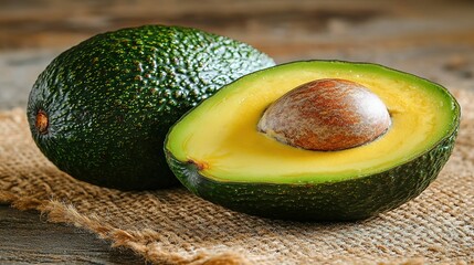 Product photography of an avocado cut in half, on a burlap background, high resolution, in focus, with studio lighting