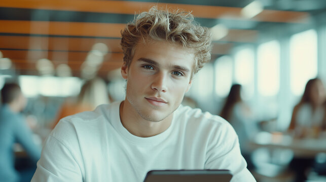 A young man in a white T‑shirt sits at a table in a bright café–coworking space holding a tablet. The scene reflects the digital generation, remote work, and online learning. - Powered by Adobe