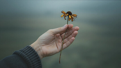 枯れた黄色い花を持つ指輪をはめた手