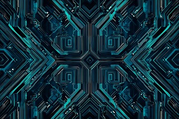 Abstract close-up of a glowing blue digital circuit board, showcasing intricate connections and technological design on a black background.
