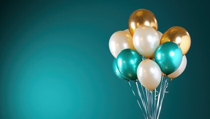 Teal background, gold & cream balloons. Celebration