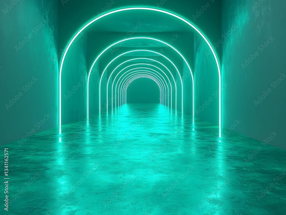 Wall mural glowing neon tunnel with parallel lines fading into the distance