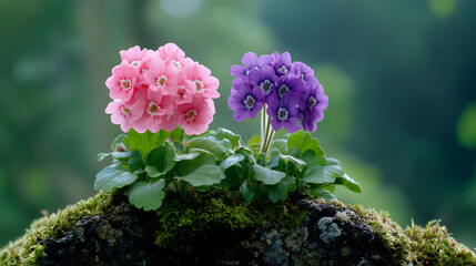 Obraz premium Pink and purple Primula malacoides flowers on mosscovered wall with green leaves and sunlit mountains in background 