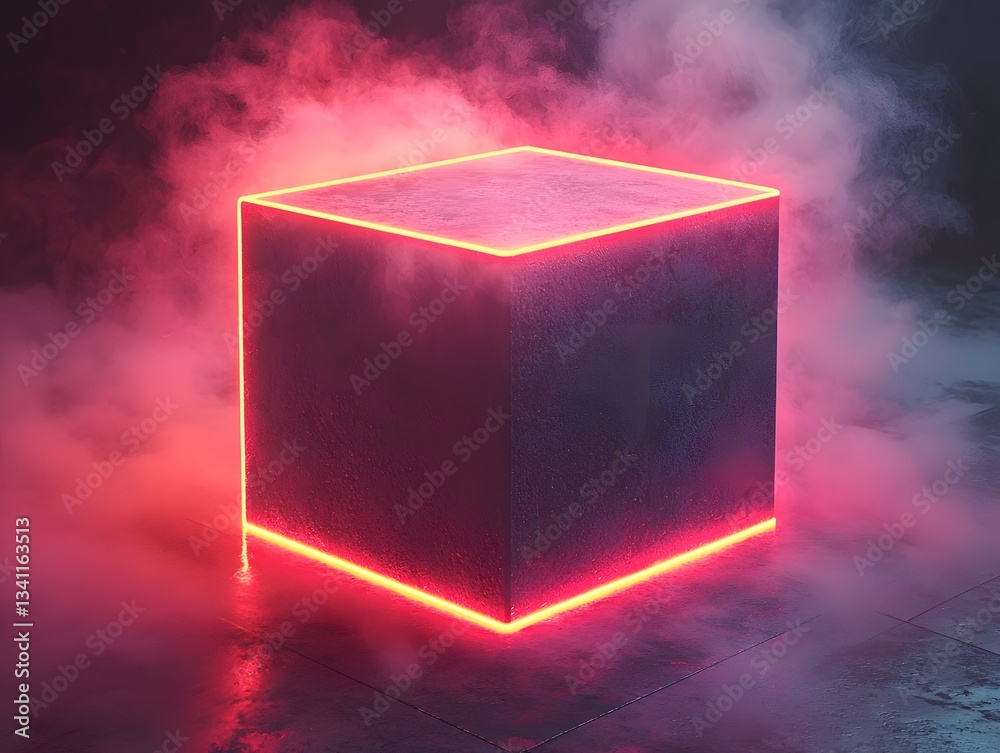 Poster surreal neon cube floating in a hazy ethereal void