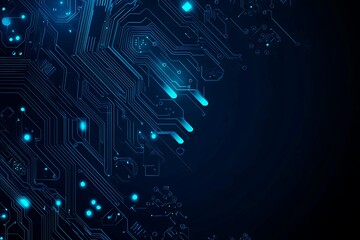 Abstract close-up of a glowing blue digital circuit board, showcasing intricate connections and technological design on a black background.
