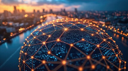 A digital sphere over a cityscape with illuminated networking connections