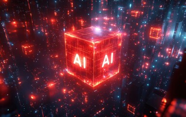 A cube with the letters AI on it is lit up with bright lights