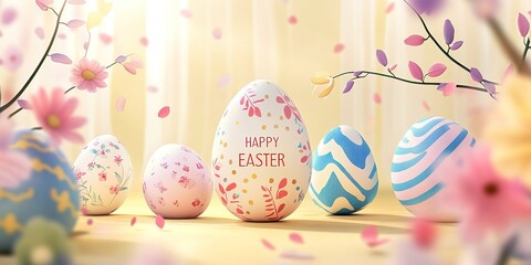 Colorful easter eggs with floral patterns and spring flowers create a festive scene with a happy easter message, celebrating the joy and renewal of the season