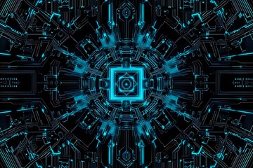 Abstract close-up of a glowing blue digital circuit board, showcasing intricate connections and technological design on a black background.
