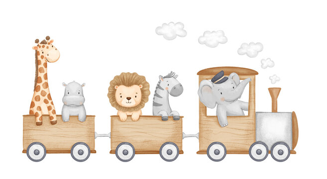 Cute train with african animals on isolated background. Zebra, elephant and giraffe, cartoon illustration in neutral colors for kids
