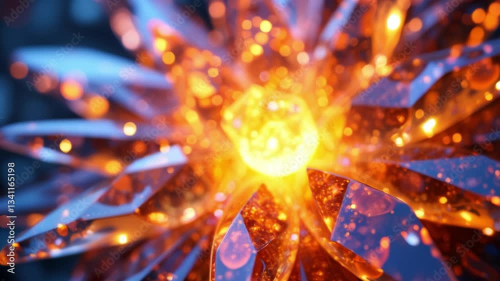 Poster Abstract crystal formation with sharp edges and brilliant reflections showcasing intricate details and vibrant light patterns emanating from the center