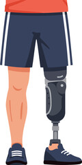A young man wearing sports shorts and shoes, showcasing a prosthetic leg in a flat vector illustration, emphasizing resilience and athleticism in an empowering scene.