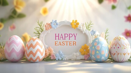 Colorful easter eggs with floral patterns and spring flowers create a festive scene with a happy easter message, celebrating the joy and renewal of the season