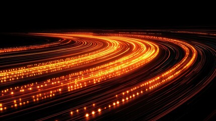 Fototapeta premium Glowing orange light trails curve across a dark background