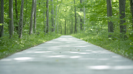 Naklejka premium A green forest trail passing through dense foliage. The sunlit path symbolizes journey, tranquility, and connection with nature.