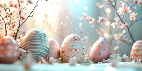 Colorful easter eggs with floral patterns and spring flowers create a festive scene with a happy easter message, celebrating the joy and renewal of the season