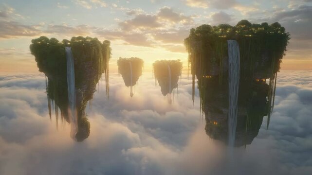Floating islands covered in greenery rise above the clouds, waterfalls cascading into the mist below. Concept of utopian landscapes and the balance between nature and gravity-defying architecture.