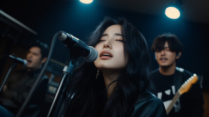 A young singer on stage, singing into a microphone accompanied by a band, with a focus on her emotions and performance.