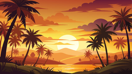 golden sunset paints the open sky as silhouettes of palm trees stand gracefully along the horizon