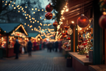 Fototapeta premium Festive Christmas market with glowing lights and holiday decorations creating a warm, magical atmosphere