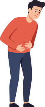 A young man in an orange sweater showing discomfort while holding his stomach in a minimal, flat design style vector illustration