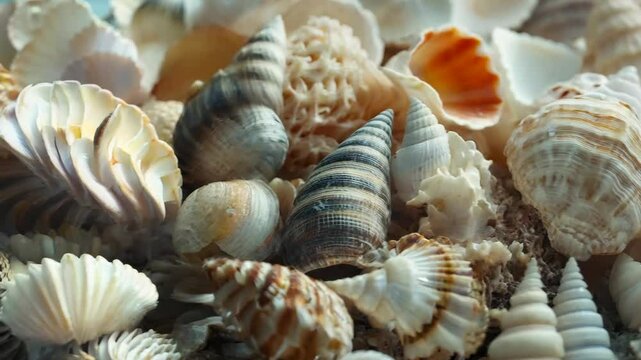 close-up shot filled with assorted seashells, pastel tones, tightly packed, natural coastal vibe, smooth textures, full frame coverage