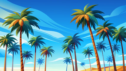 clear blue sky stretches endlessly above a row of tall palm trees swaying gently in the warm breeze
