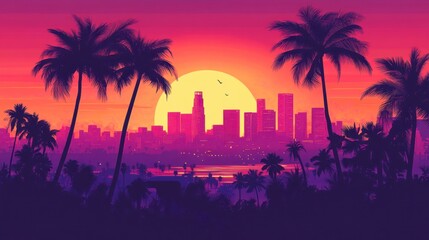 Vibrant sunset over Los Angeles cityscape with silhouetted palm trees foreground