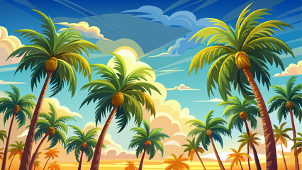 bright, cloudless sky frames a row of lush palm trees, their fronds rustling softly in the sunlight