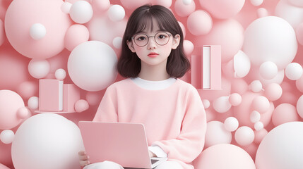 A girl with a laptop sits against a background of pink spheres and geometric shapes. The scene is styled in a minimalist, pastel aesthetic symbolizing the digital environment and modern learning.