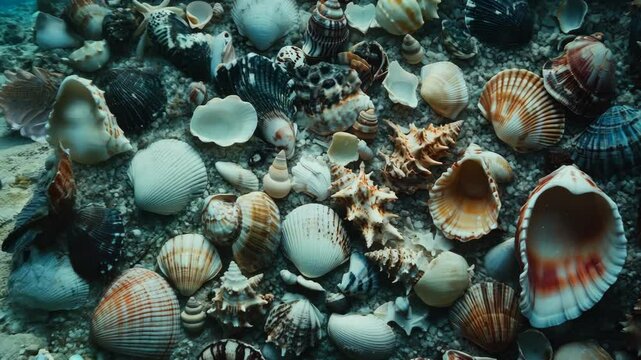 close-up shot completely filled with tropical seashells, different shapes and colors, frame entirely covered, natural textures, coastal look