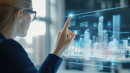 Businesswoman Interacting with Virtual Cityscape in Futuristic Office