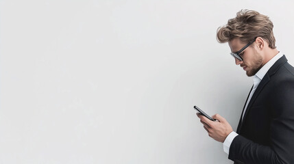 A modern young man in a business suit, focused on his smartphone. The minimalist background emphasizes his style and business attitude.