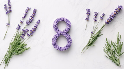The number eight, laid out with lavender flowers on a white marble background — a symbol of femininity and spring celebration.