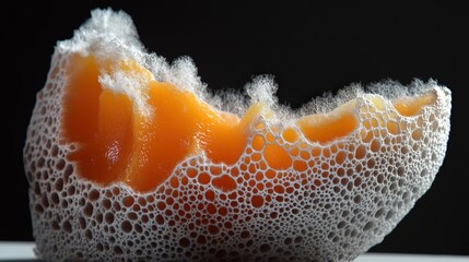 A mesmerizing close-up of an orange foam bubble texture, showcasing intricate details of air bubbles trapped within a vibrant and organic form in a creative presentation.