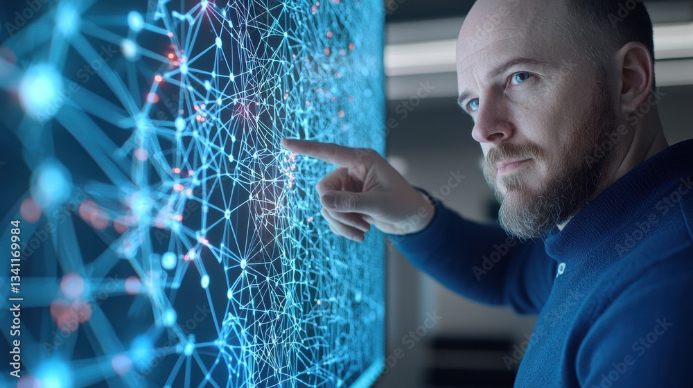 Poster man interacting with abstract digital network display in modern office